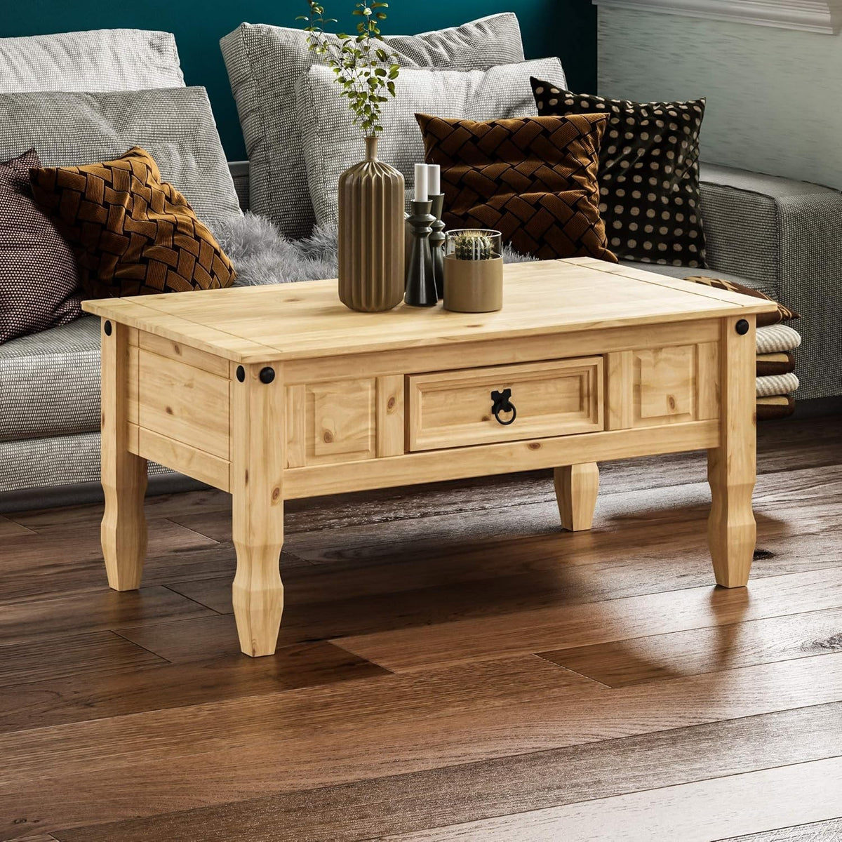 Rustic Solid Pine Coffee Table with Drawer – Distressed Wood, 94cm Wide