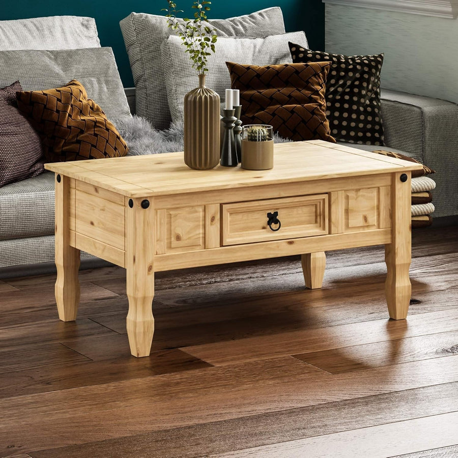 Rustic Solid Pine Coffee Table with Drawer – Distressed Wood, 94cm Wide