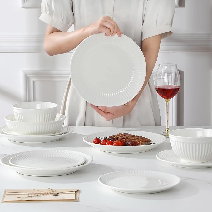 24 Piece White Dinner Set for 6 Embossed Porcelain Plates Bowls Elegant