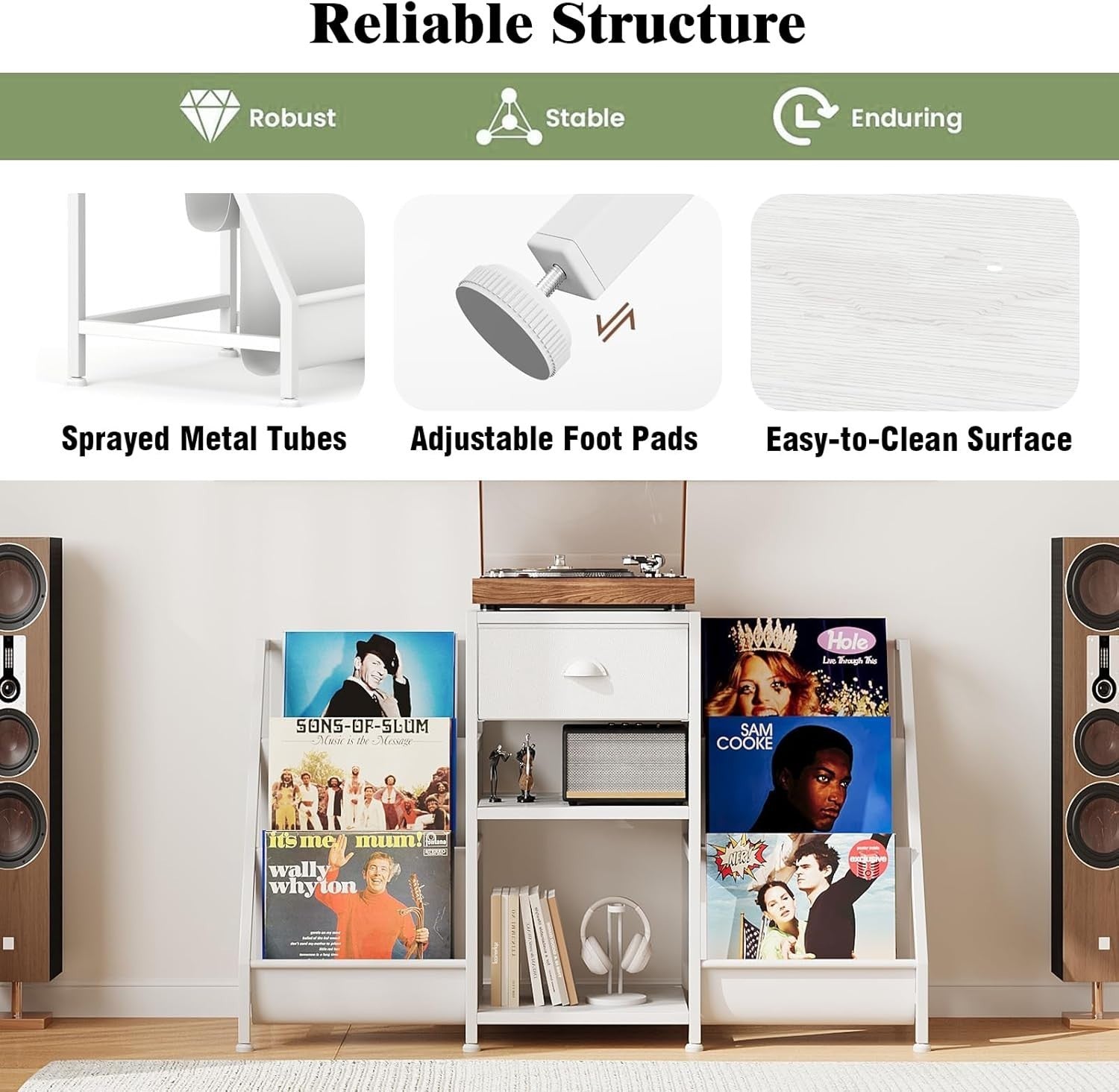 Vinyl Record Player Stand Storage Cabinet Holds 280 Albums White