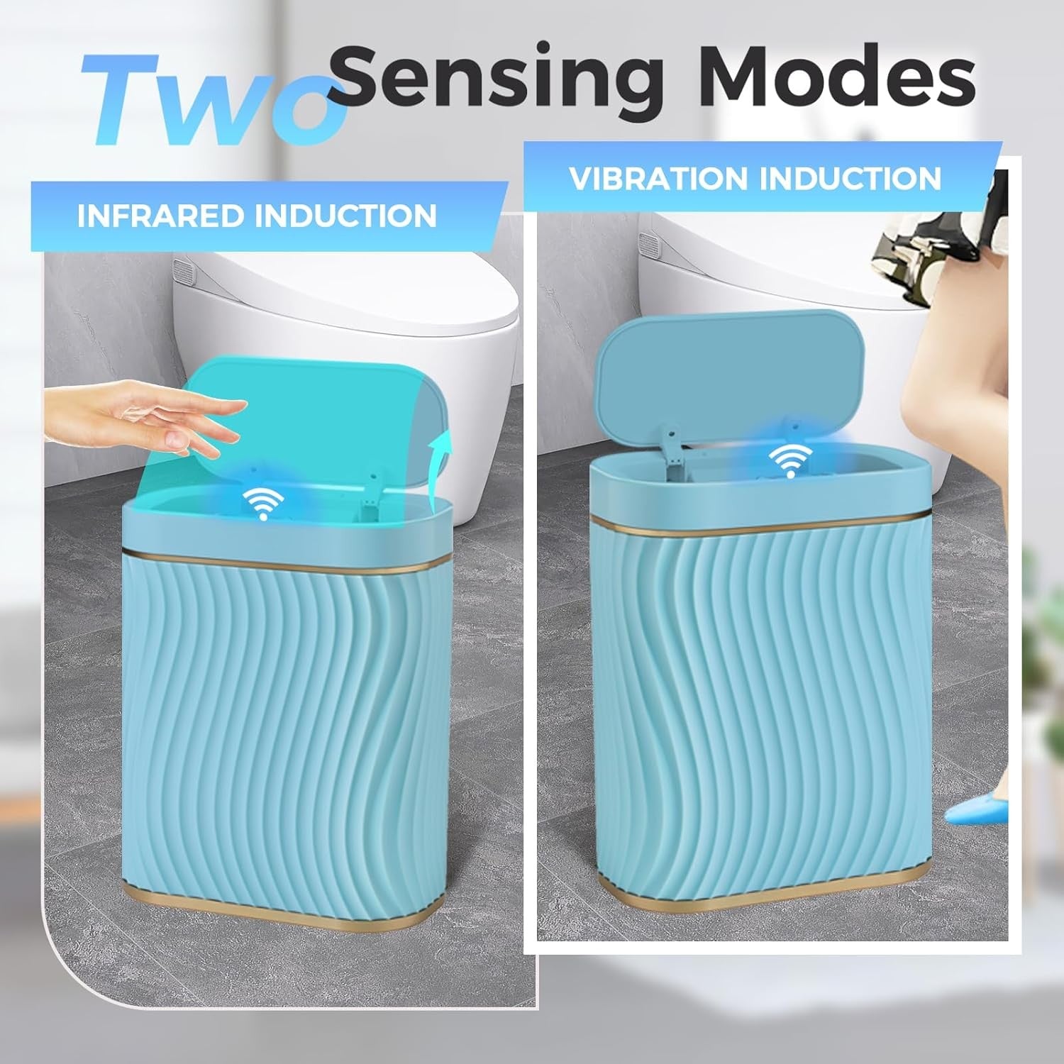 2.6 Gallon Touchless Bathroom Bin Waterproof Slim Smart Trash Blue