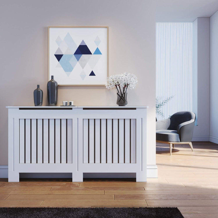Large Radiator Cover Cabinet White Slat MDF Modern Heater Shelf Unit for Home