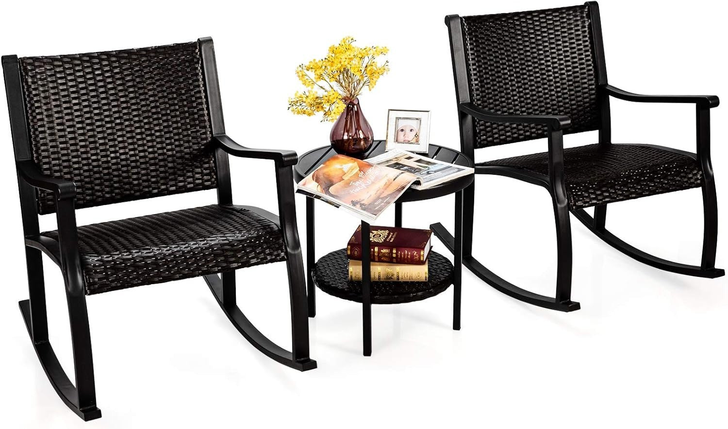 Outdoor 3-Piece Rocking Chair Set with Coffee Table – Patio Relaxation & Storage