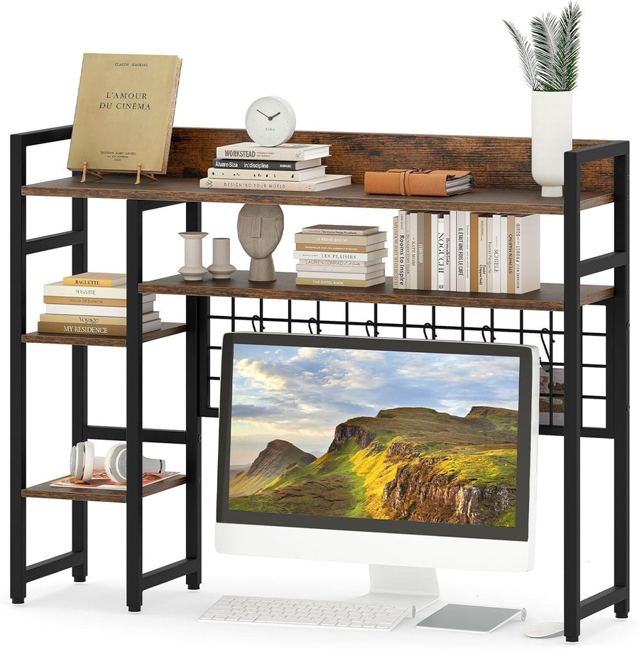 94cm Rustic Brown Desk Hutch – 4-Tier Desktop Bookshelf w/ Hooks & Metal Frame