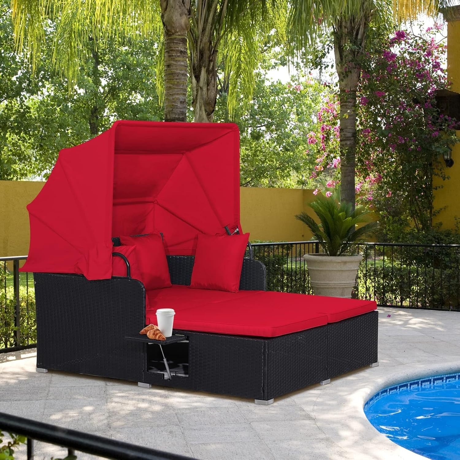 2 Seater Rattan Sunbed with Canopy & Folding Tables, Outdoor Recliner Sofa
