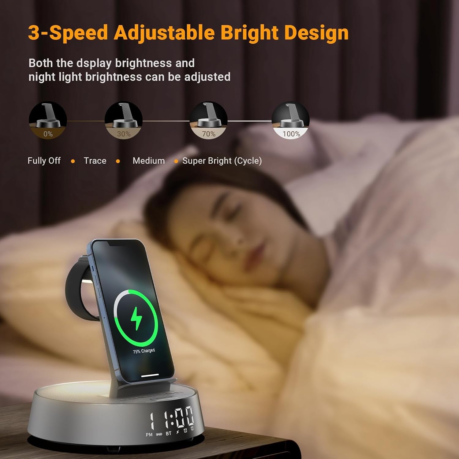 Wireless Charging Alarm Clock Bluetooth Speaker Night Fast Charger