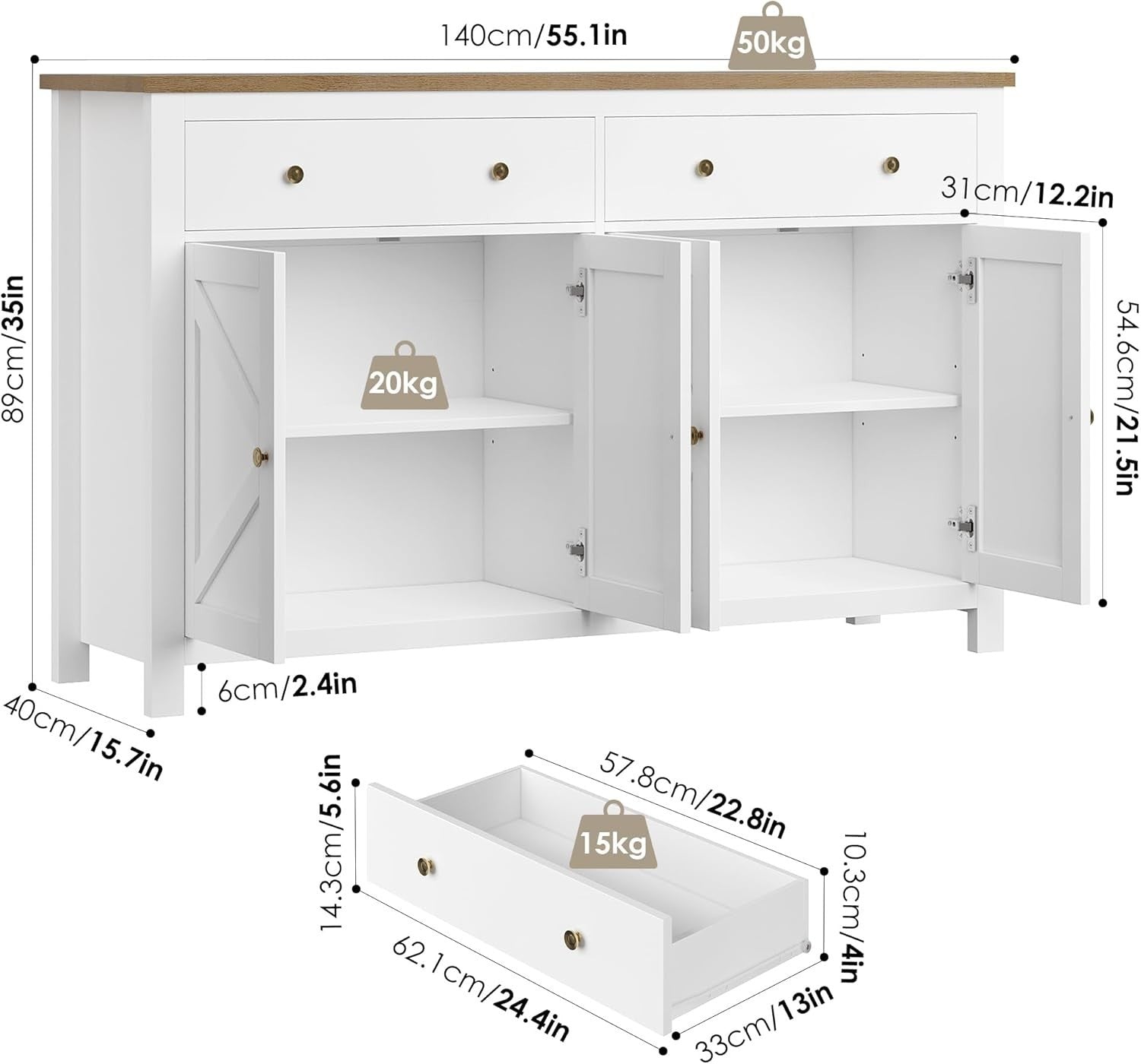 Large White Kitchen Sideboard 4 Doors 2 Drawers Adjustable Shelves Storage