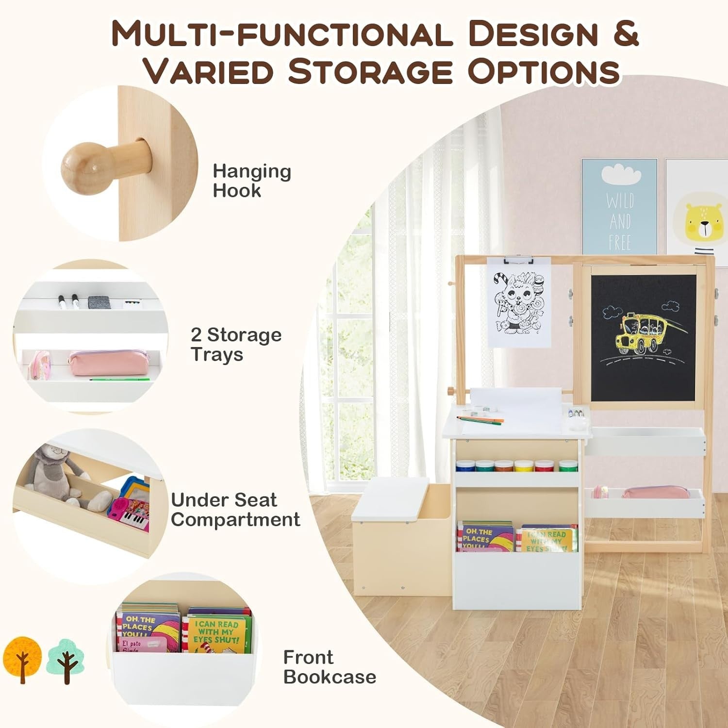 Kids Art Table & Chair Set with Double-Sided Easel, Storage & Paper Roll