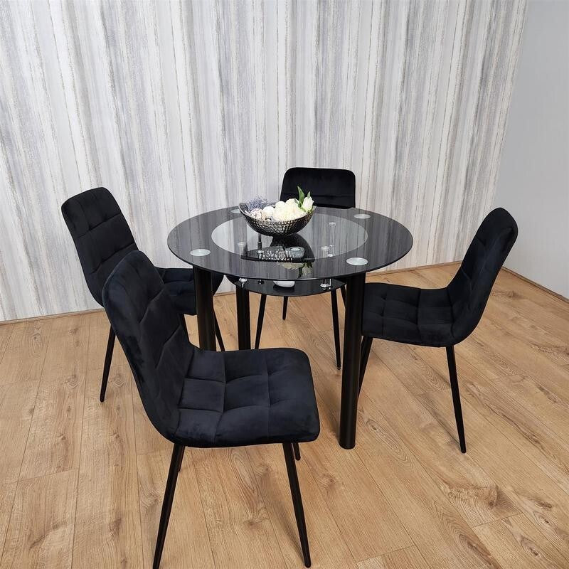 Round Black Glass Dining Table Set with 4 Tufted Chairs Modern Kitchen