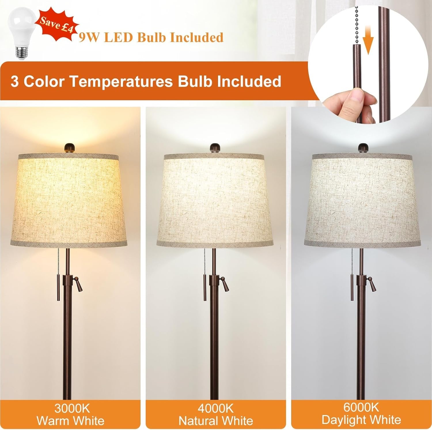 Adjustable Floor Lamp Brown Height Adjustable 3 Colour LED Standing Light
