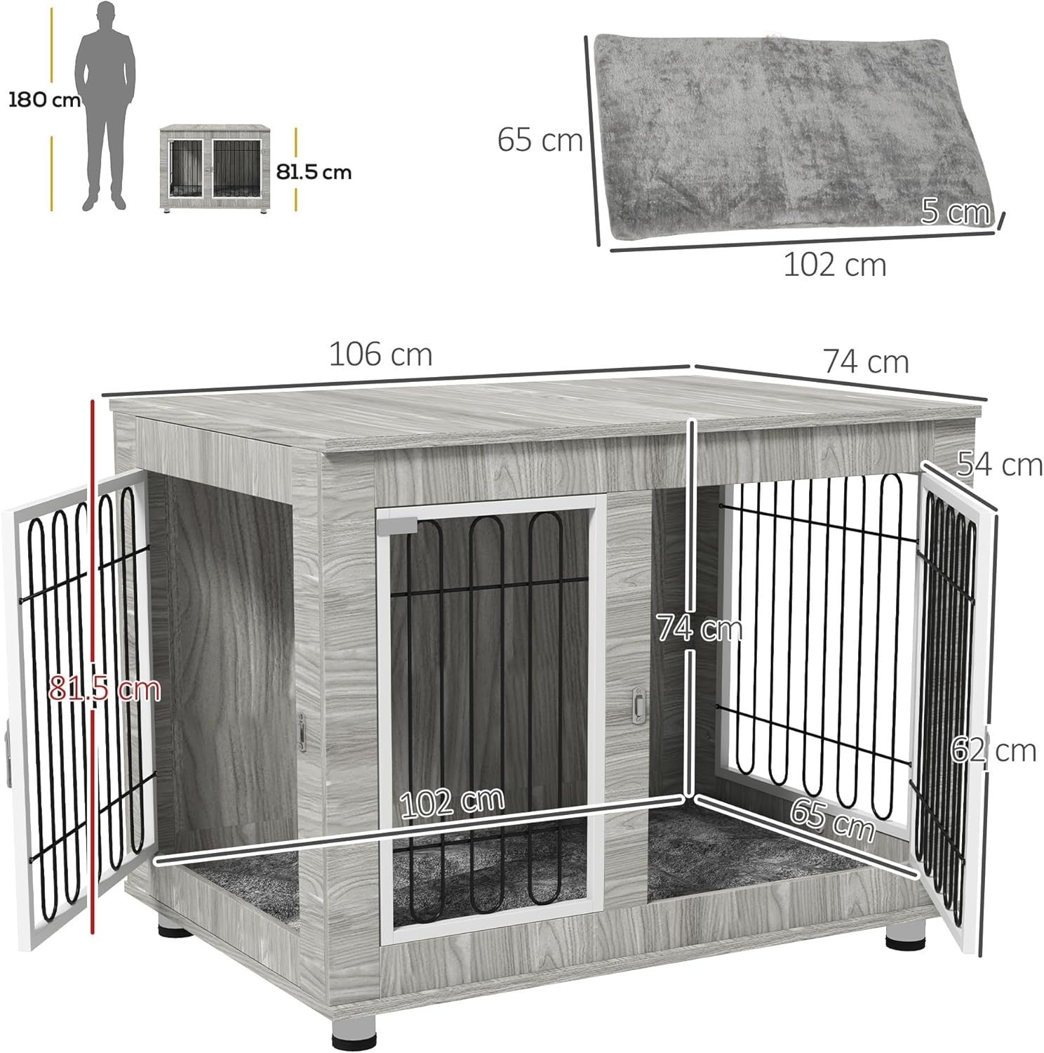 XL Indoor Dog Crate Furniture with Cushion | Large Dog Kennel & Side Table, 106c