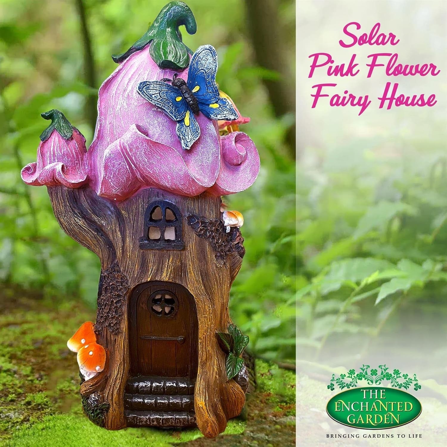 Solar Fairy House Garden Ornament Pink Flower LED Resin Patio Décor 27cm