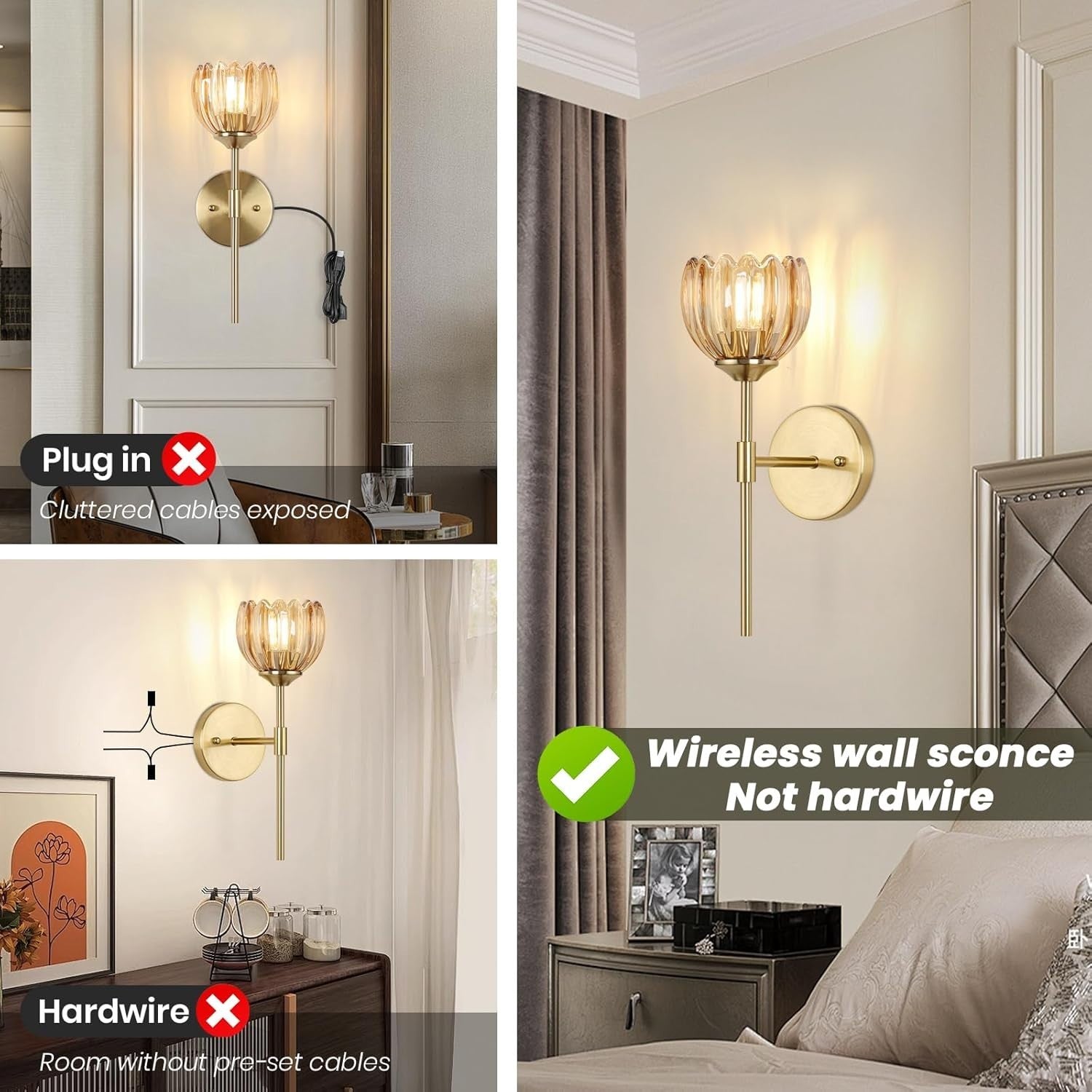 Rechargeable Wall Lights 12 Colors Remote Dimmable Amber Glass 2-Pack