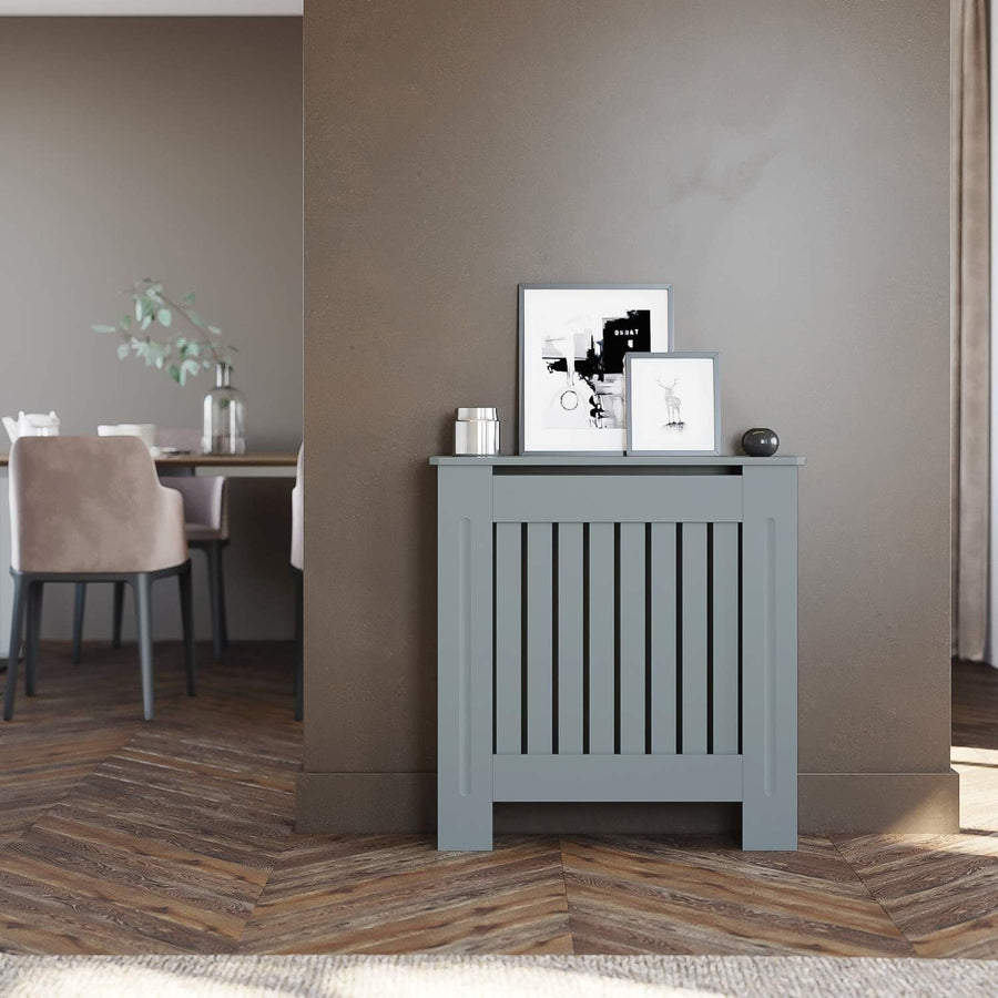 Small Grey Radiator Cover Cabinet | Modern Vertical Slatted MDF Heater Cover