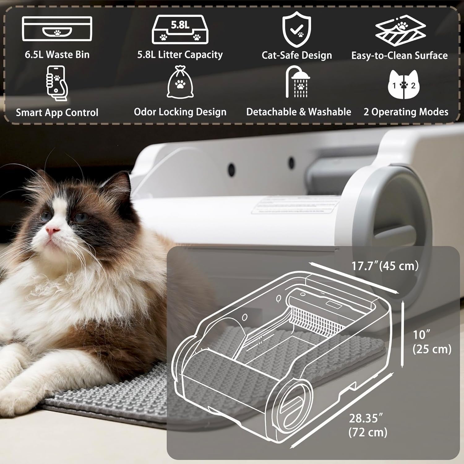 XL Self Cleaning Cat Litter Box App Control Open Top Multi Cat Tray