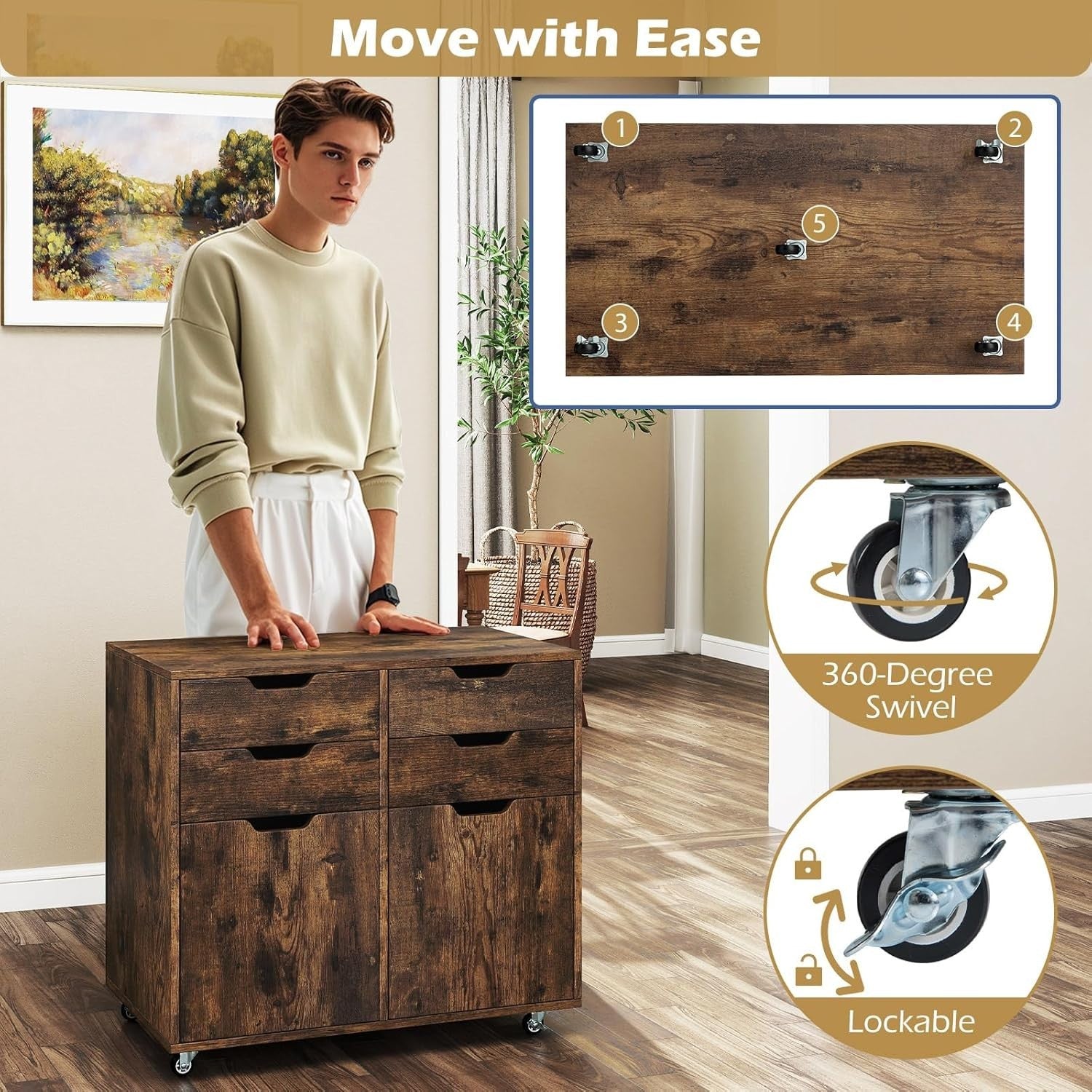 Rustic Brown Mobile File Cabinet 73x40x64cm 4 Drawer Printer Stand