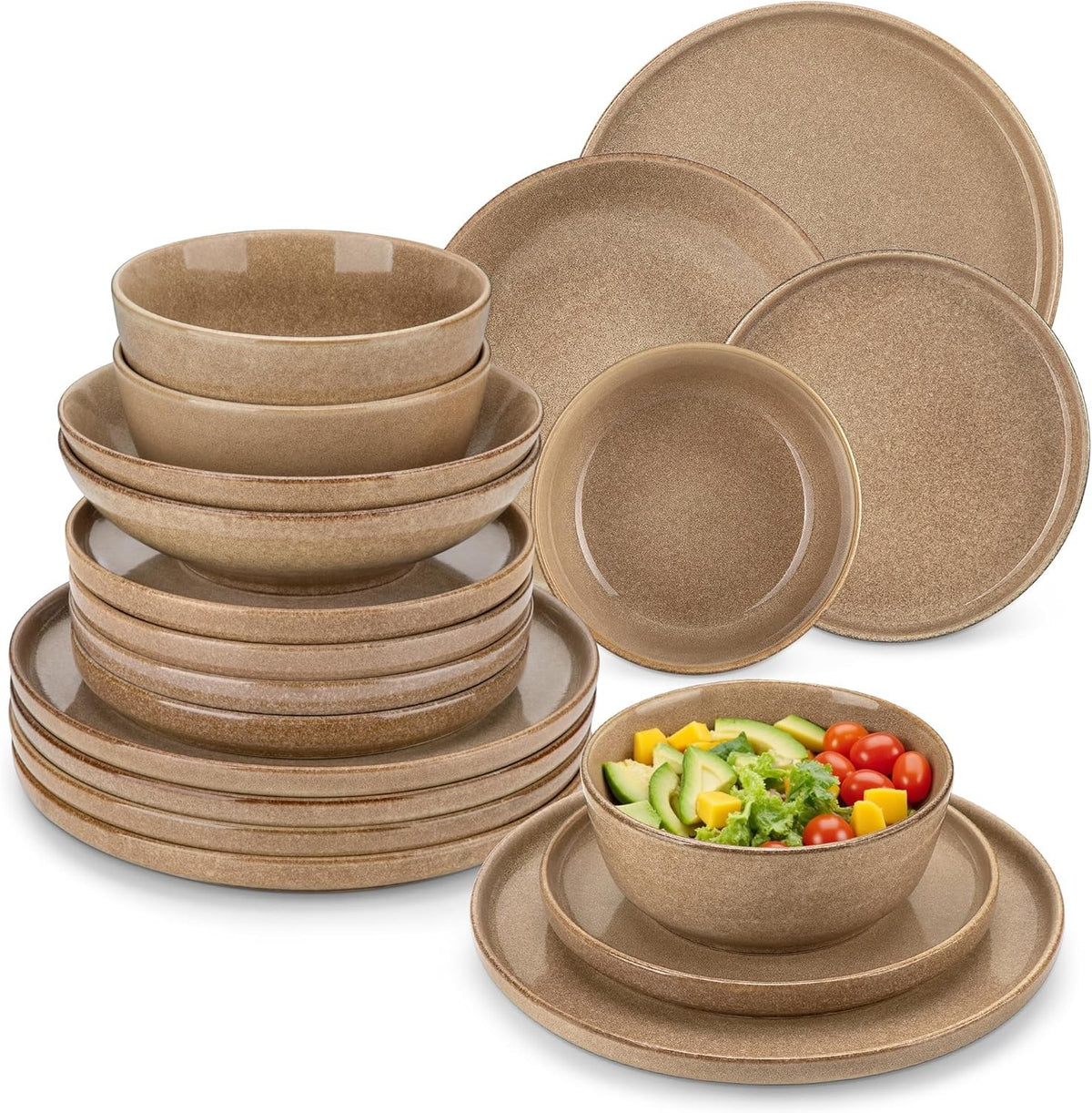 24pc Ceramic Dinner Set Caramel Plates Bowls Microwave Dishwasher Safe