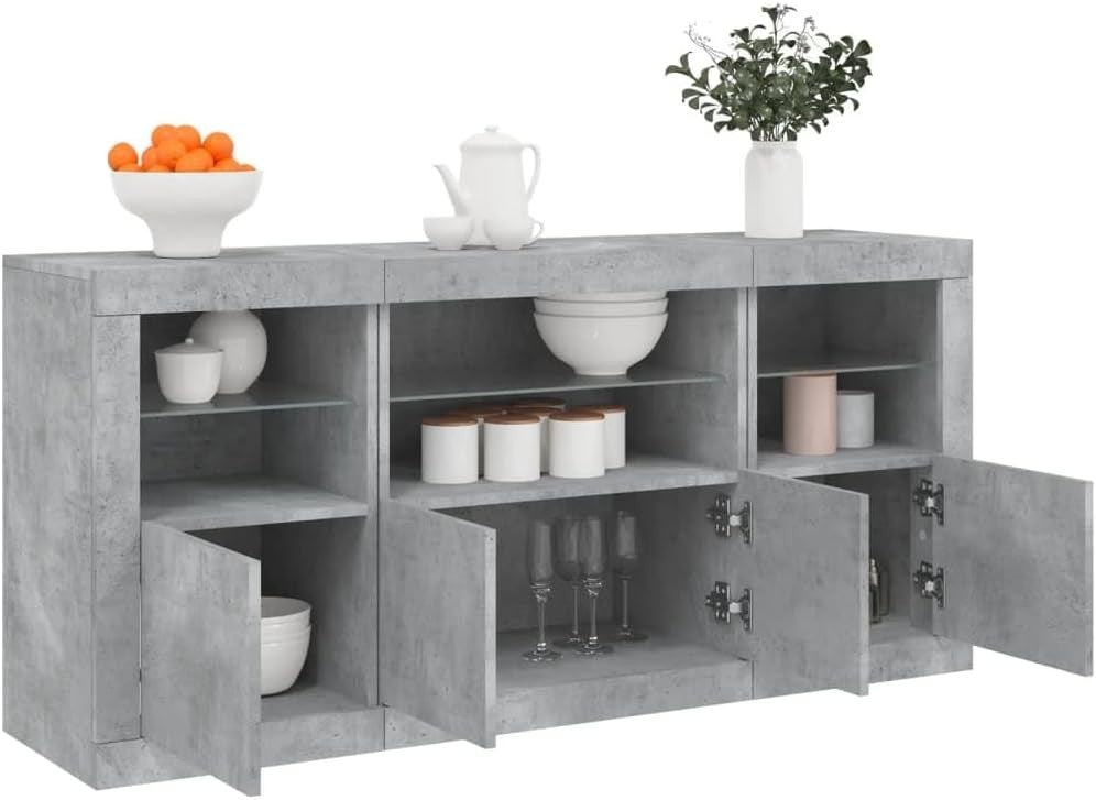 Concrete Grey Sideboard with RGB LED Lights, Storage & Modern Living Room