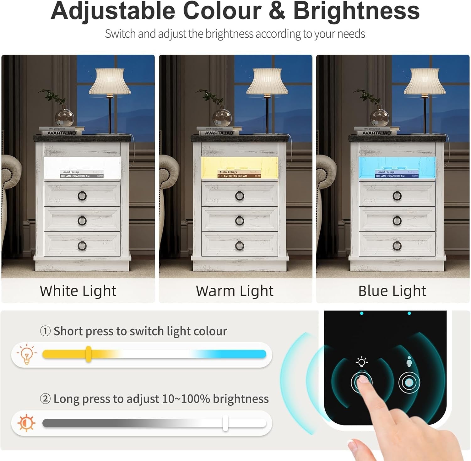 White Smart Bedside Table with Wireless Charging, LED Lights & 4 Drawer Storage