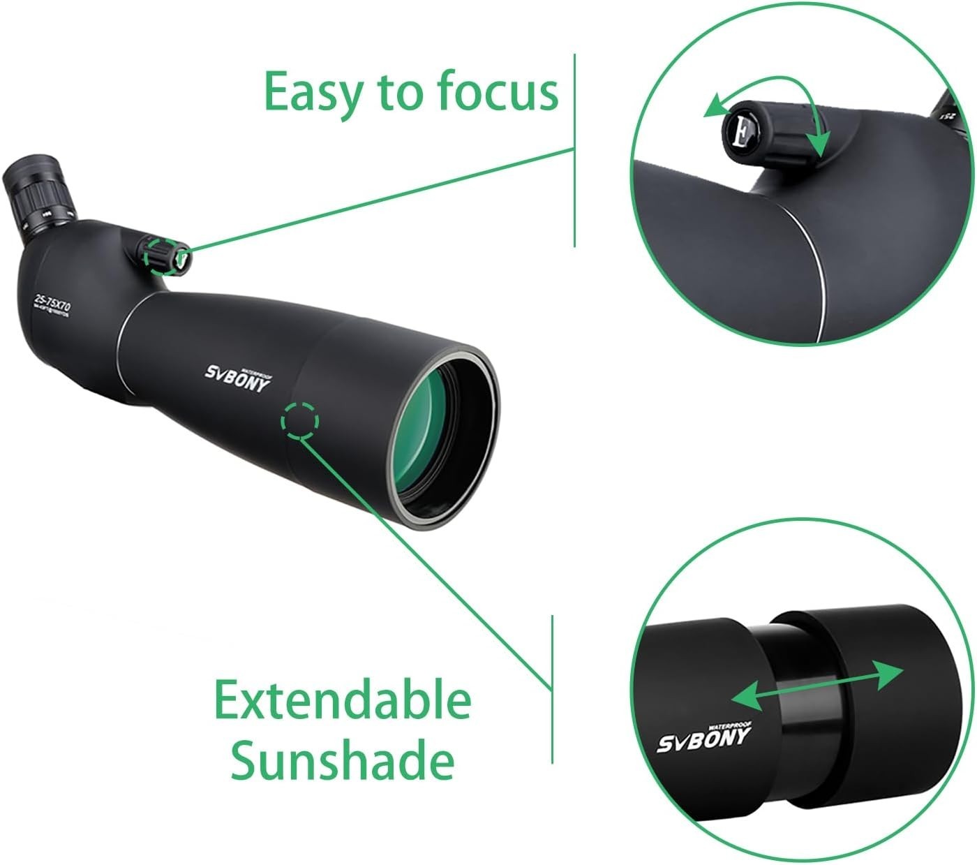 SV28 25-75x70 Black Spotting Scope HD BAK4 Prism Tripod