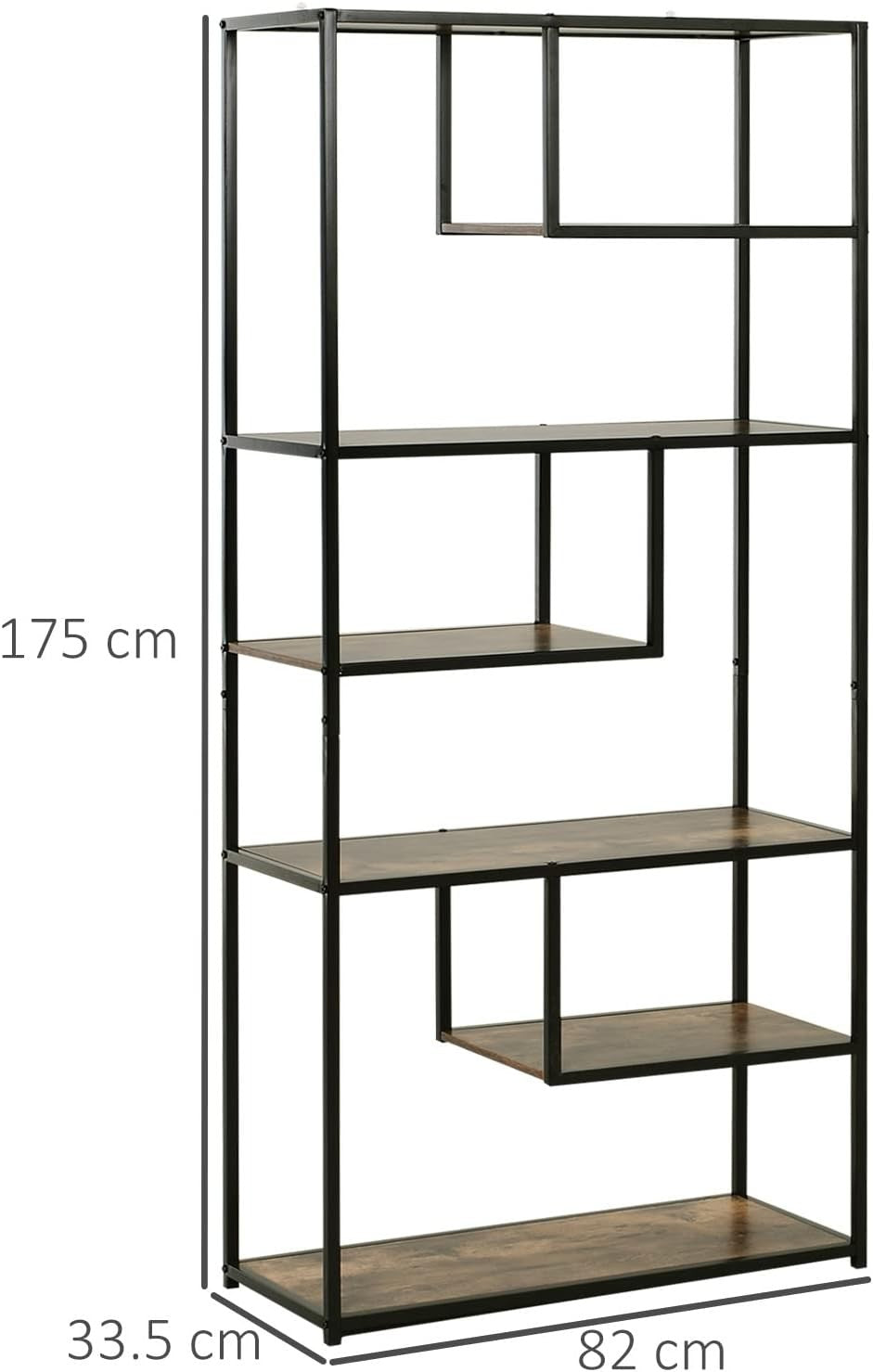 Industrial 6-Tier Bookcase Rustic Brown & Black Tall Metal Frame Display Shelf