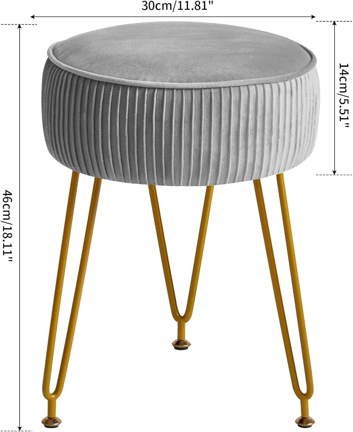 Gray Round Velvet Footrest Ottoman – Makeup Vanity Stool with Gold Legs