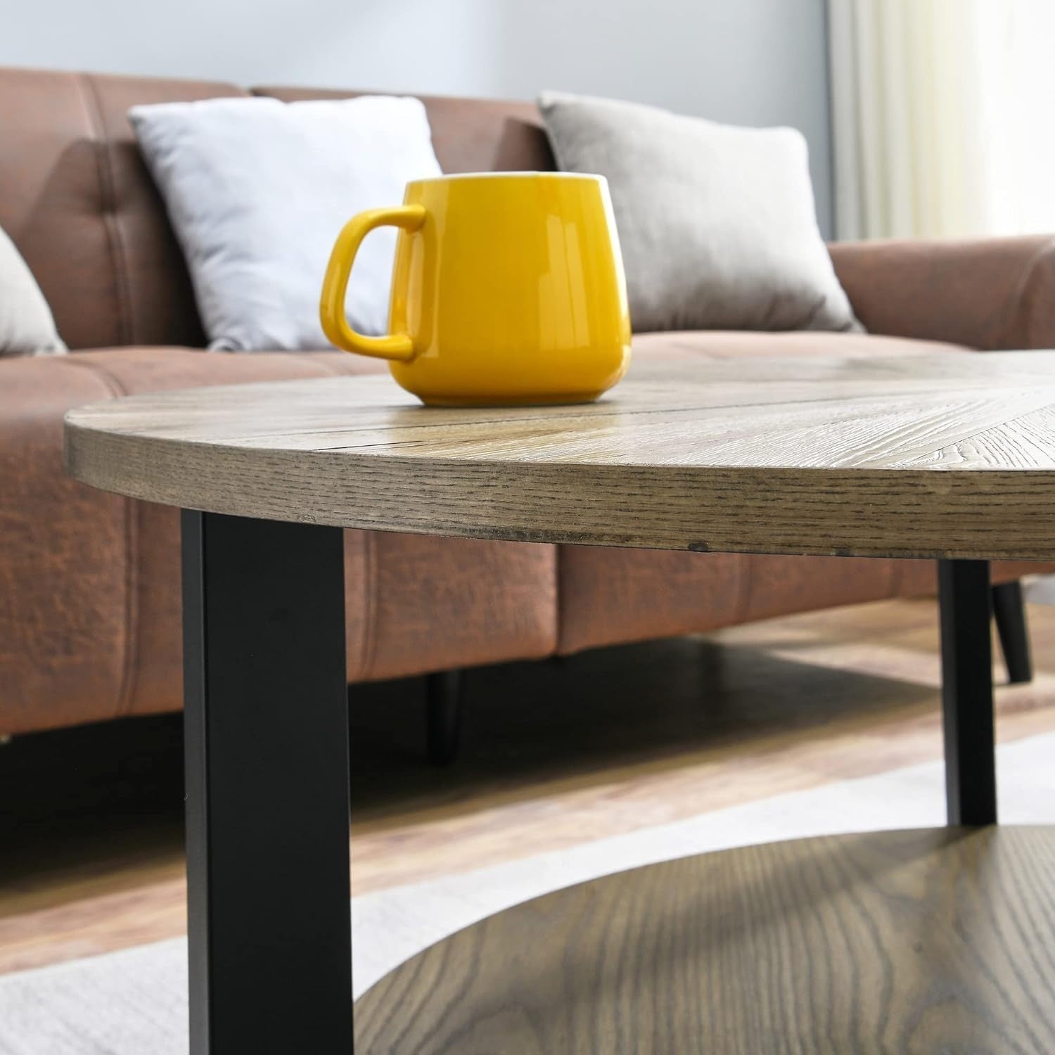 Round 2-Tier Coffee Table with Storage, Solid Wood & Metal 85x45.3cm
