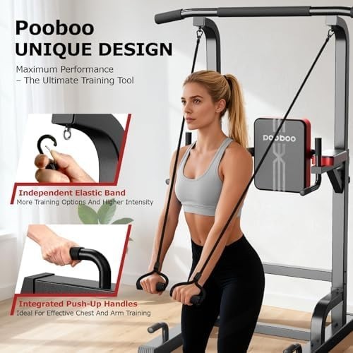 Black Power Tower Dip Station Pull-Up Bar Adjustable Home Gym