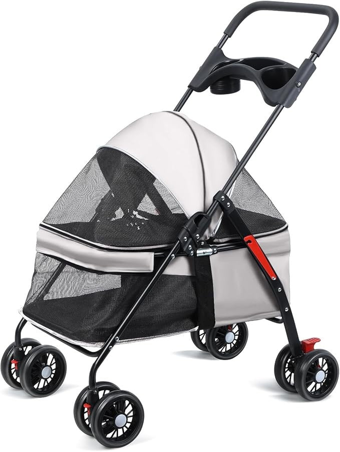 4 Wheel Dog Stroller Folding Pet Pram Travel Pushchair Cup Holder Grey