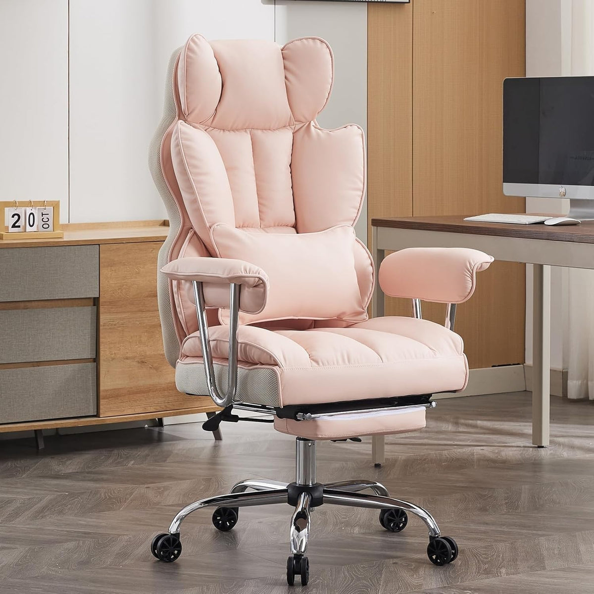 Oversized Executive Office Chair Pink Leather High Back Swivel Recliner Footrest