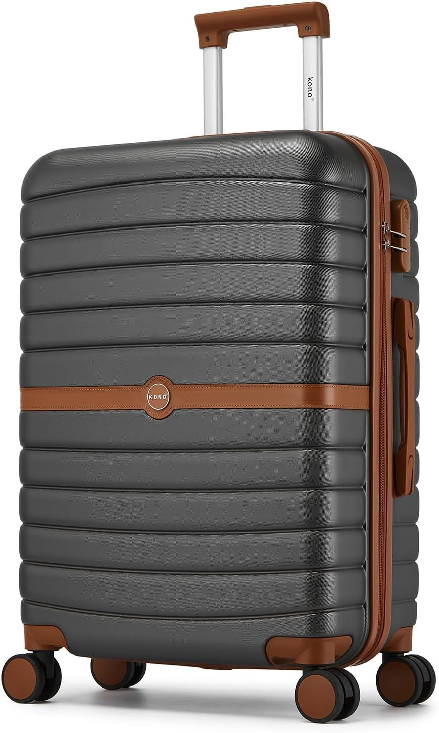 24'' Grey Brown Check In Suitcase ABS PC Hard Shell Spinner Wheels Lock
