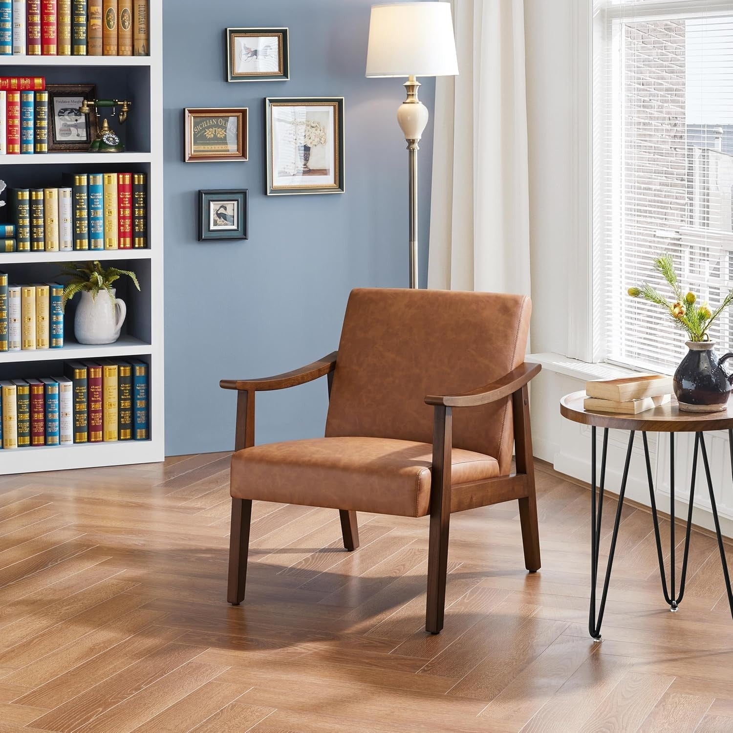 Leather Accent Armchair Lounge Chair Wooden Legs Modern Brown Seat
