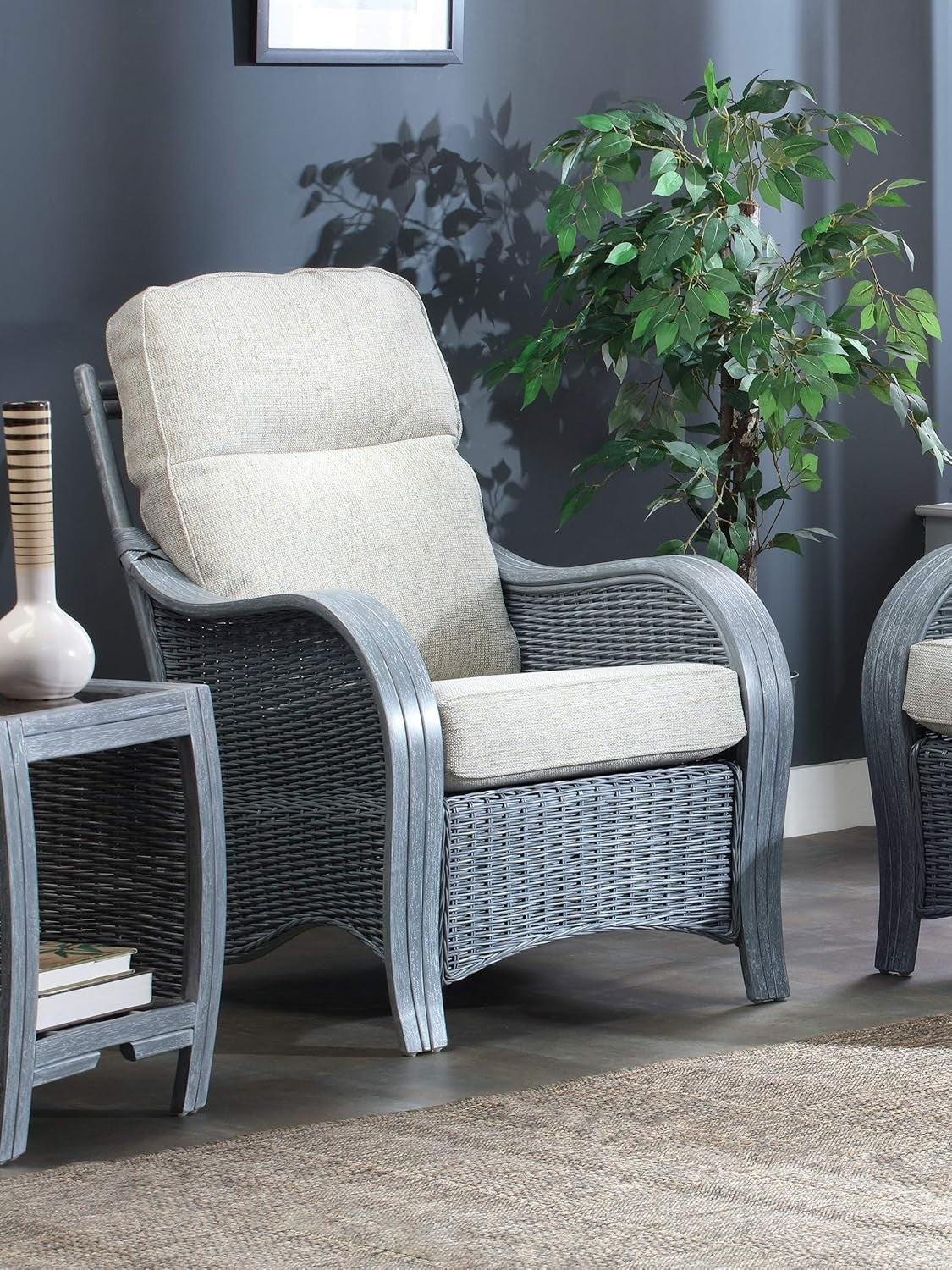 Grey Rattan Armchair Indoor High Back Wicker Lounge Chair with Cushions