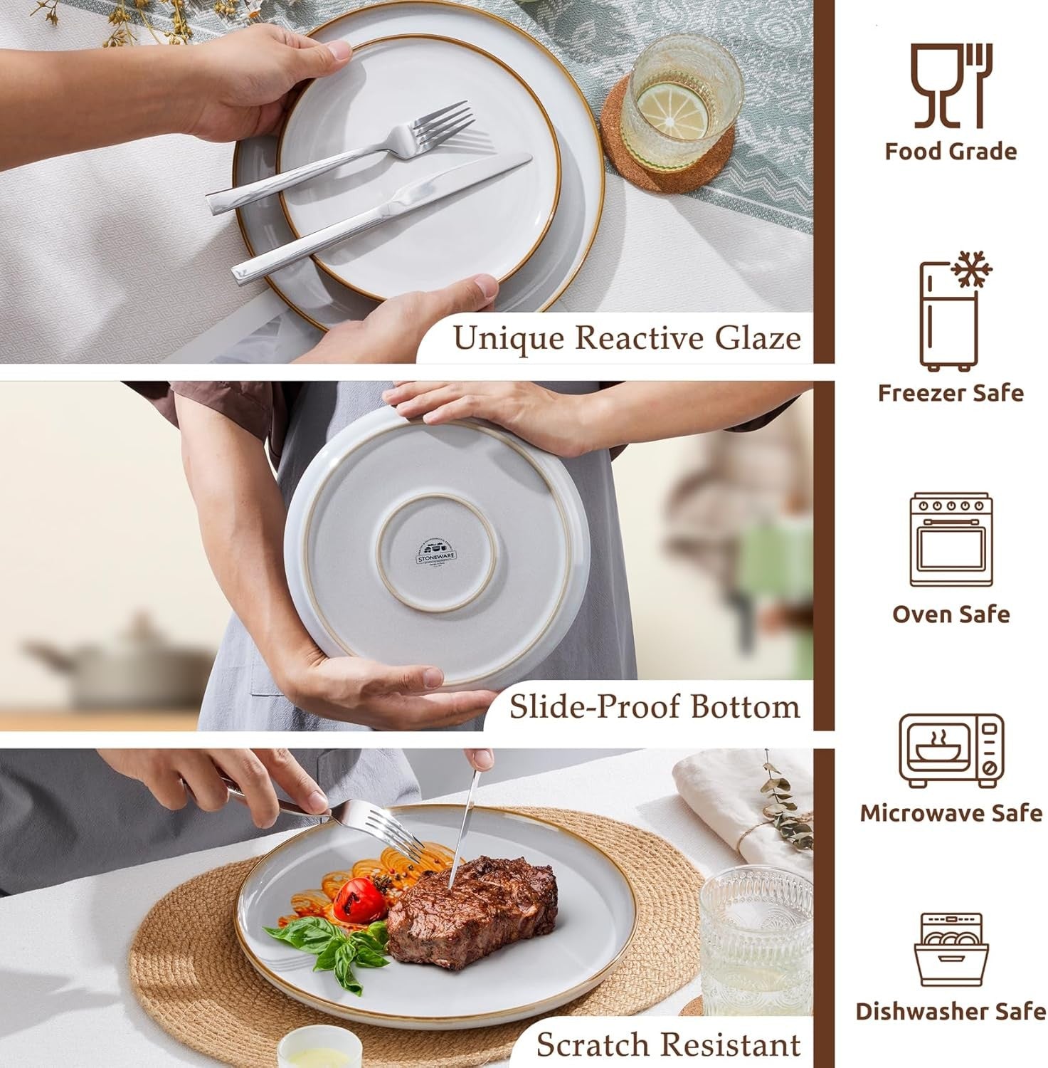 12pc Stoneware Dinner Set Daisy Beige Plates Bowls Reactive Glaze