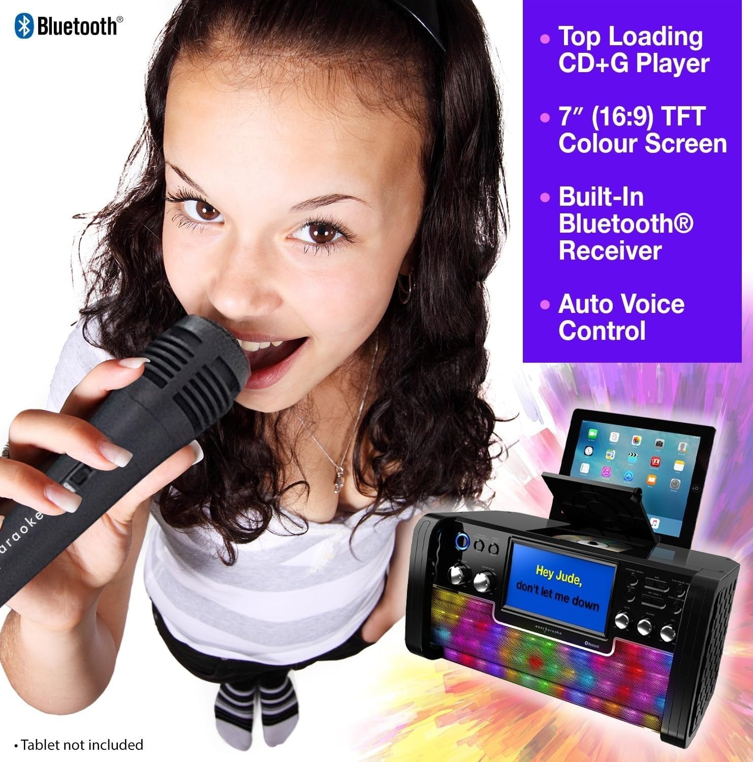 Bluetooth Karaoke Machine CD+G LED Lights 7" Screen Mic