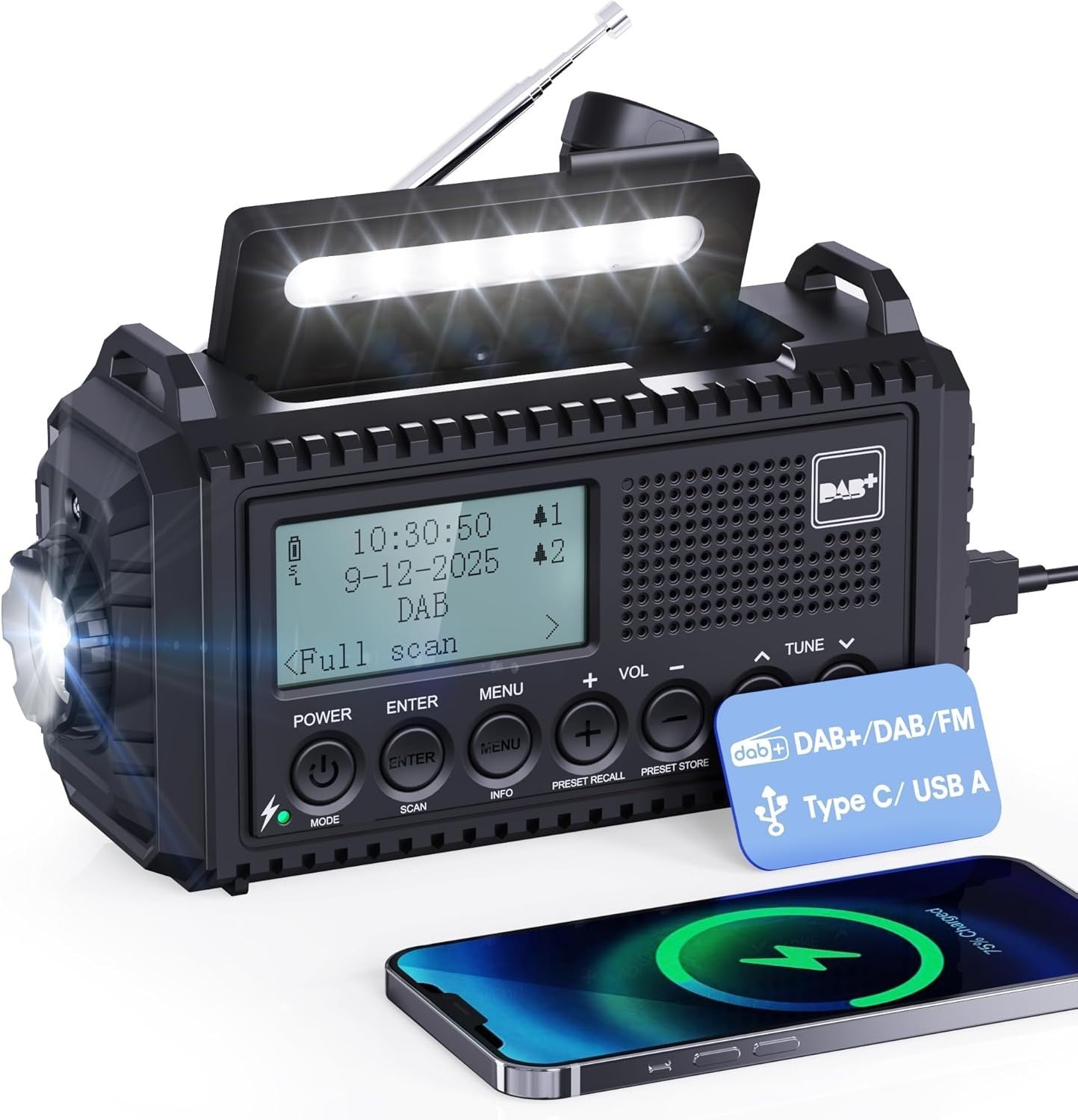 DAB+ Emergency Wind Up Radio Solar 5000mAh USB Charger SOS