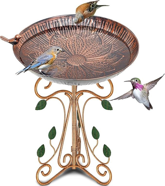 Copper Lotus Metal Bird Bath with Pedestal – Vintage Garden Feeder Bowl Decor
