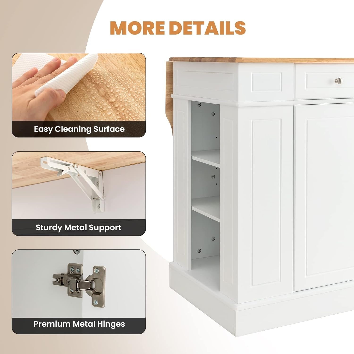 Extendable Kitchen Island Cart with Adjustable Shelves, Drawers & Side Racks.