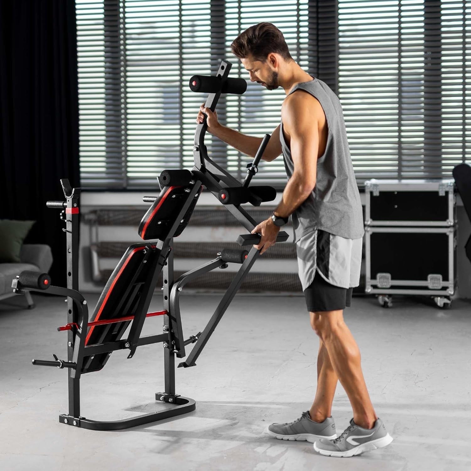 Foldable Multi-Function Weight Bench With Barbell Rack Curl & Leg Trainer