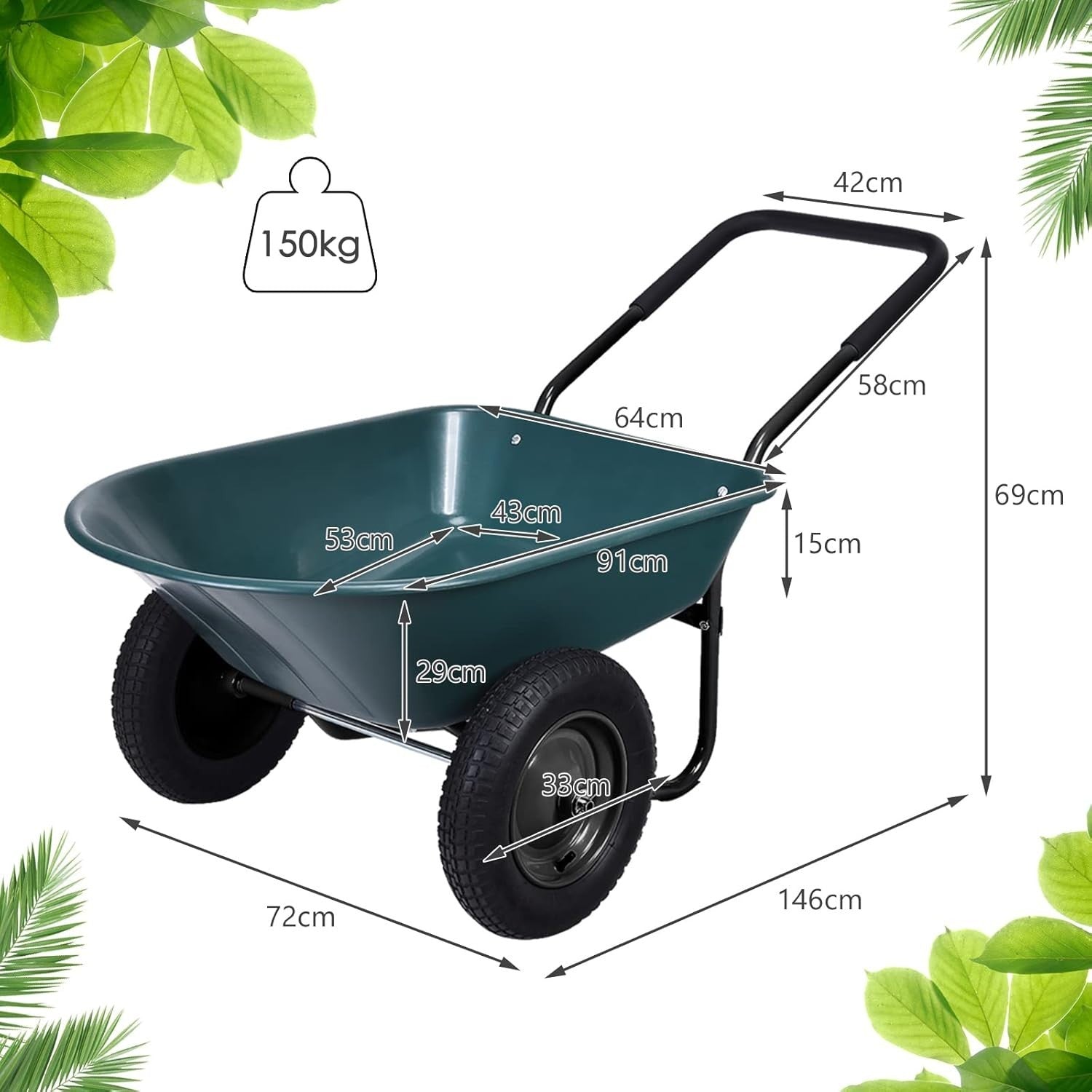 150kg 2-Wheel Garden Green Wheelbarrow – Pneumatic Tyres Heavy Duty Steel Frame