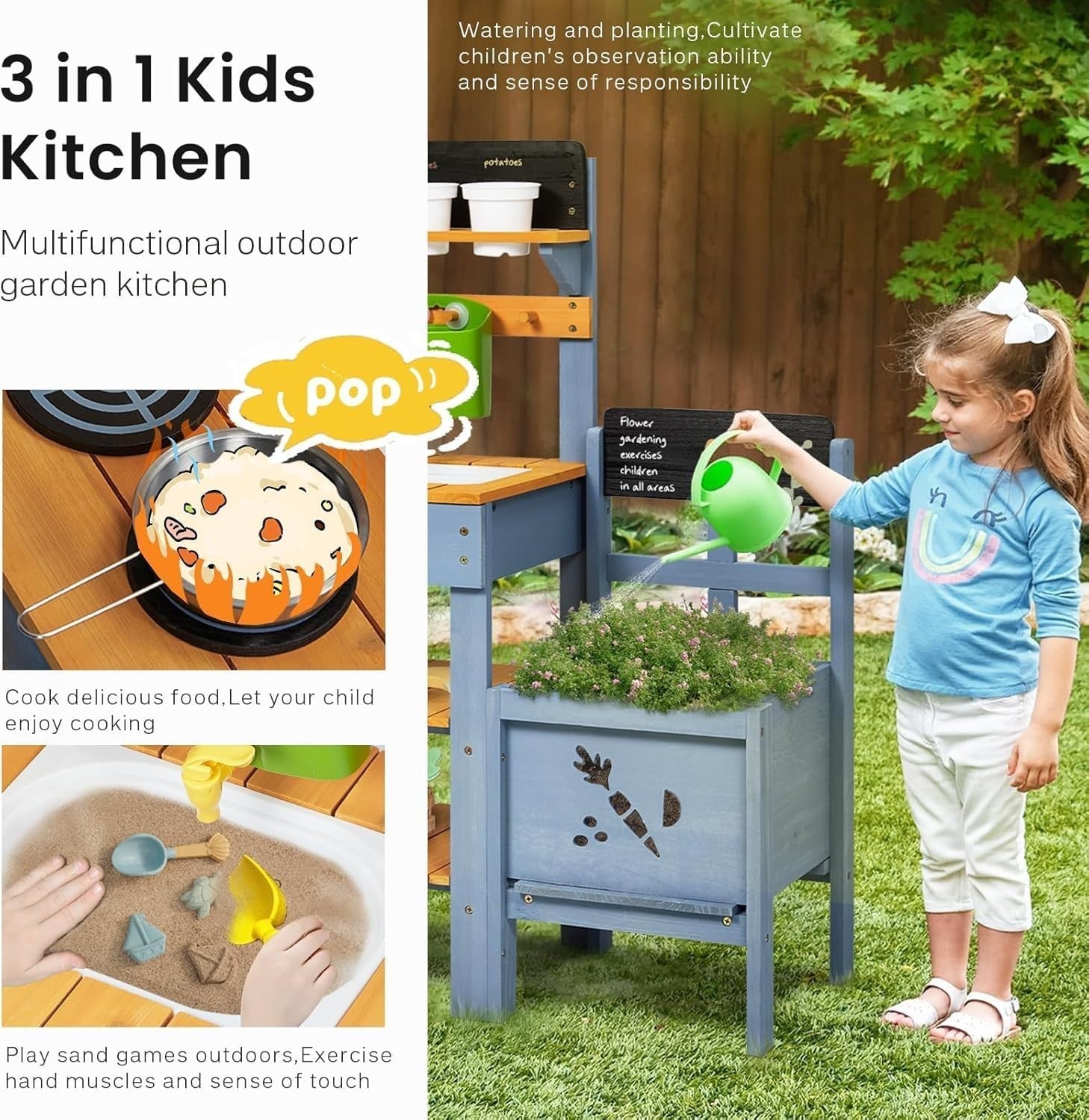 Outdoor Mud Kitchen for Kids w/ Planter Sink Gardening Toys