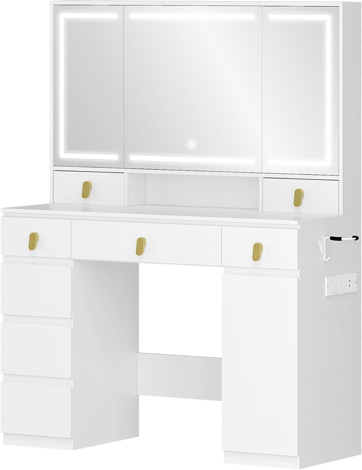White Modern Dressing Table Vanity Desk with Lighted Mirror 8 Drawers Storage