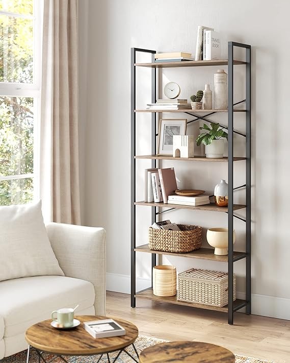 6 Tier Industrial Bookshelf Tall Shelving Unit Storage Rack 30×80×186cm Modern