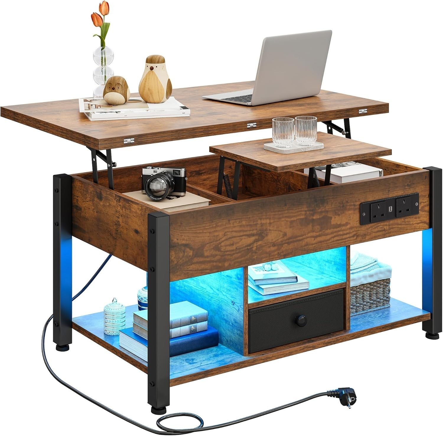 4-in-1 Lift Top Coffee Table with Storage, Charging Ports & RGB LED Lights