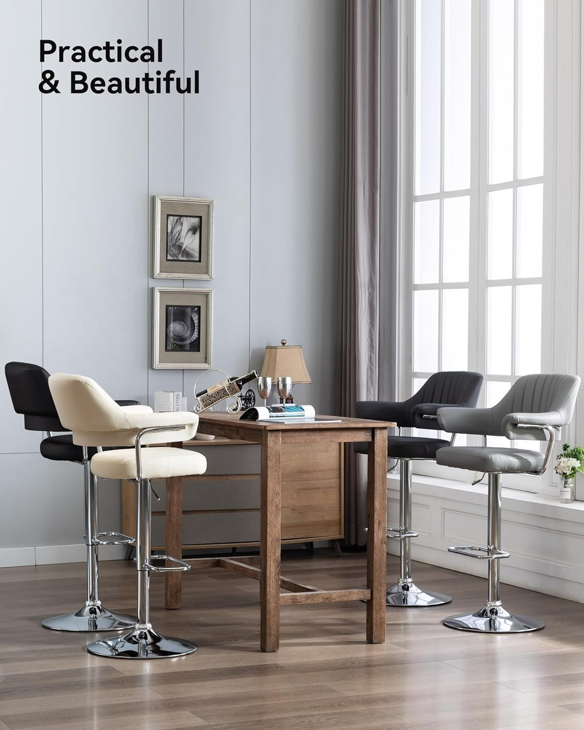 Black Swivel Bar Stool Faux Leather Padded Chrome Frame Chair