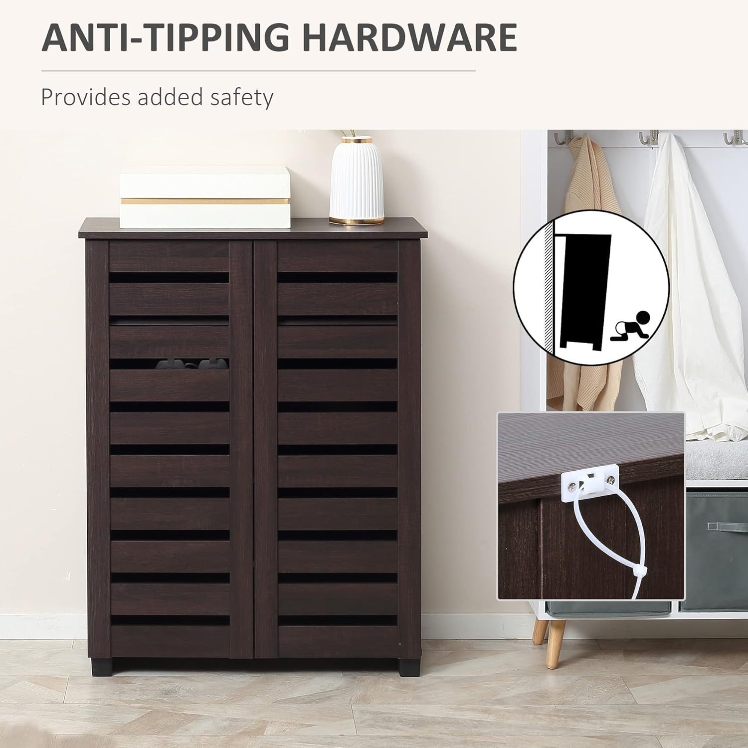 Slim 5-Tier Shoe Cabinet with Adjustable Shelves & Ventilated Doors, Dark Brown