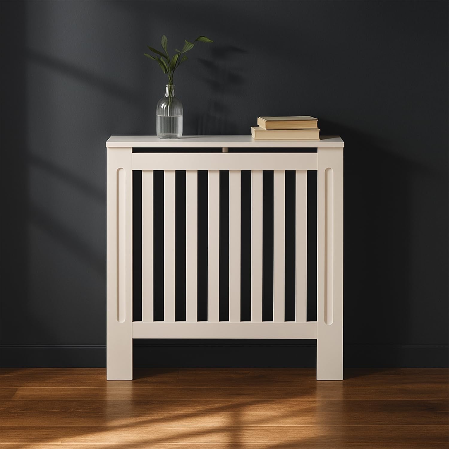Small Radiator Cover White Slat MDF Compact Heater Cabinet Shelf Space Saving