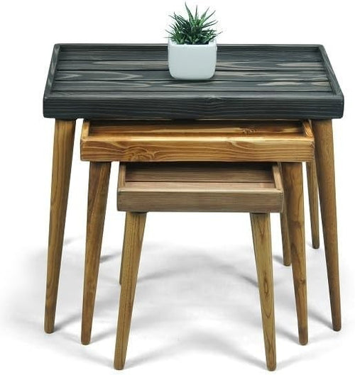 Nesting Coffee Side End Tables Wood Set Mid-Century Modern Rustic Accent