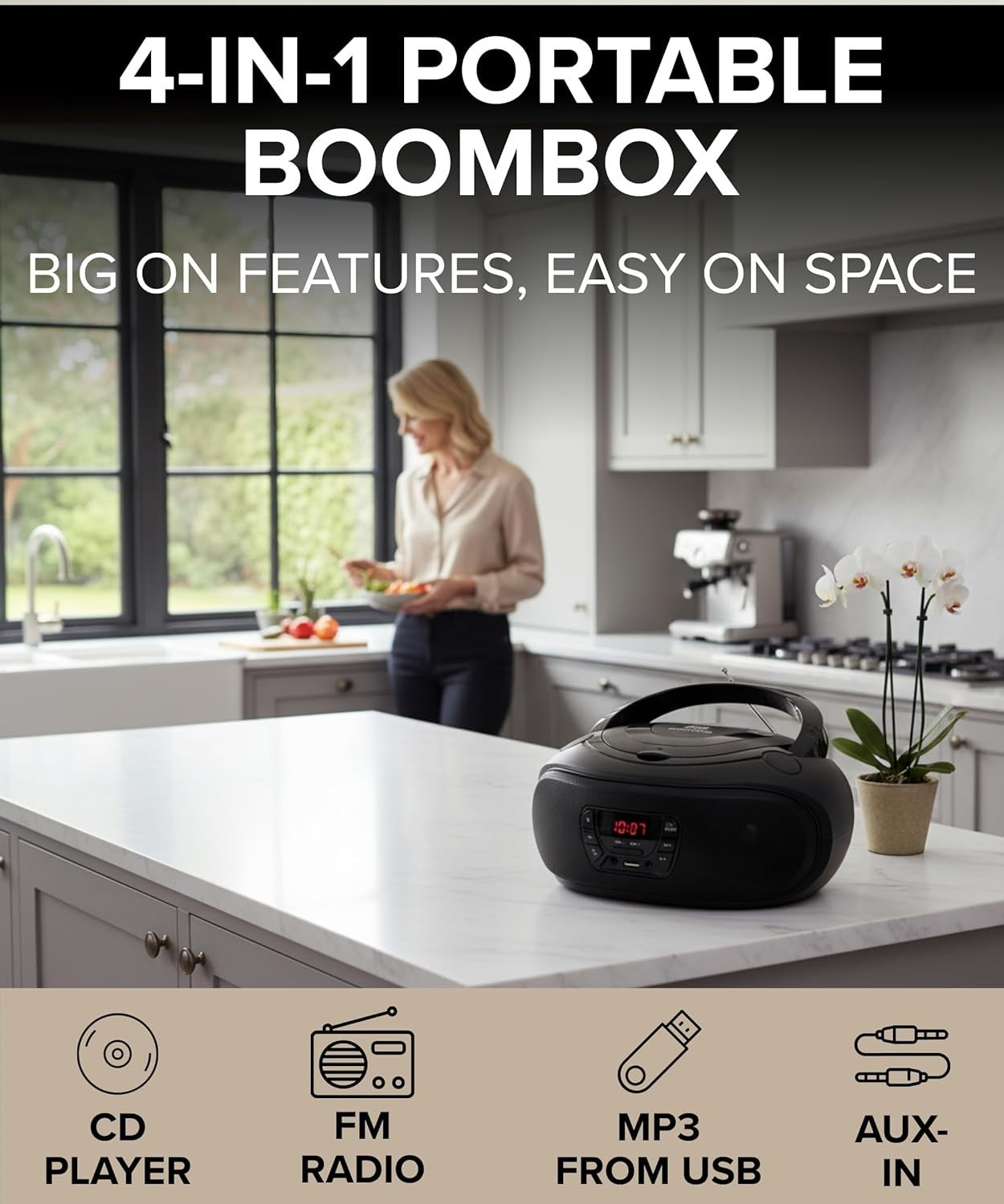 Portable Boombox CD Player FM Radio USB AUX Stereo Speakers Black