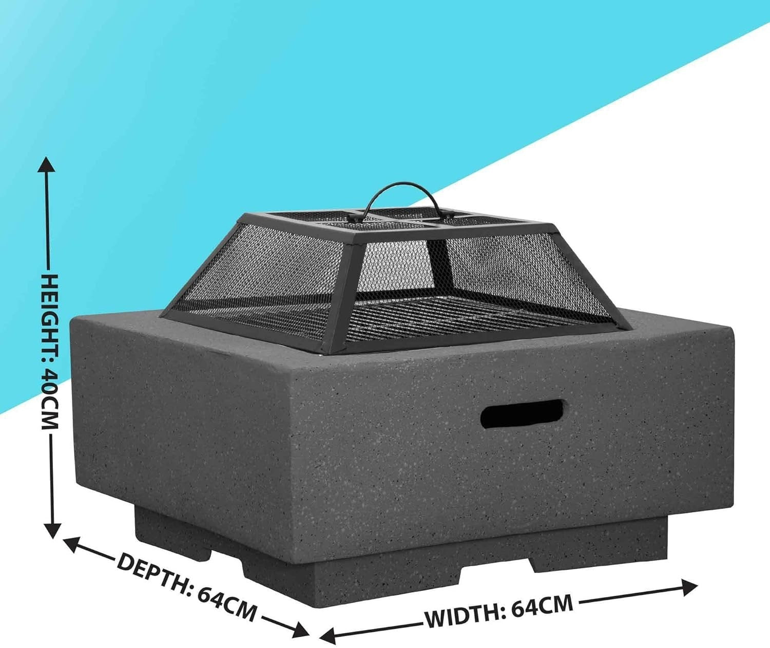 64cm Outdoor Square Fire Pit with BBQ Grill, Mesh Safety Lid & Heat-Resistant